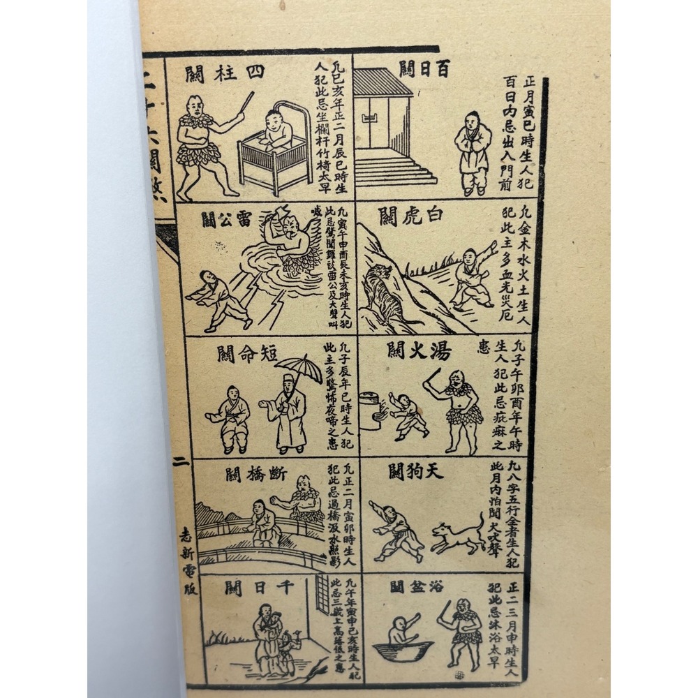Antique Chinese Book Page Woodblock Print‎ Zodiac Figures Divination Art